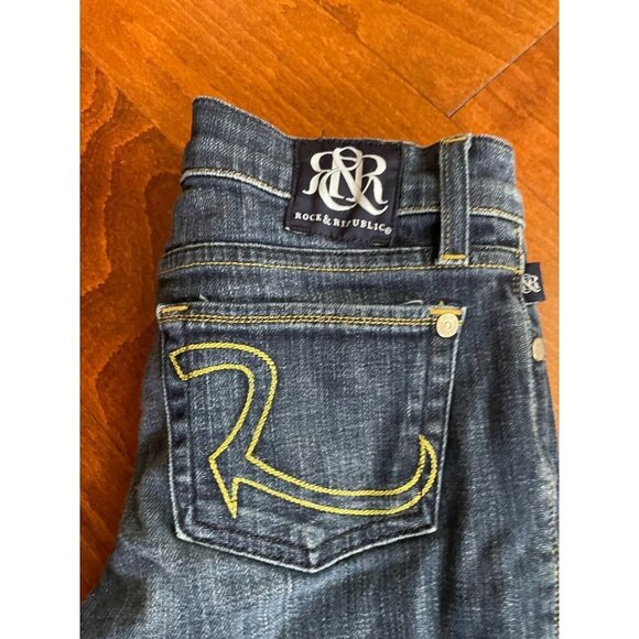 Rock & Republic Bootcut Cut off Hem Jeans Denim Dark Wash Fringed Blue Hem 26 - Picture 6 of 10